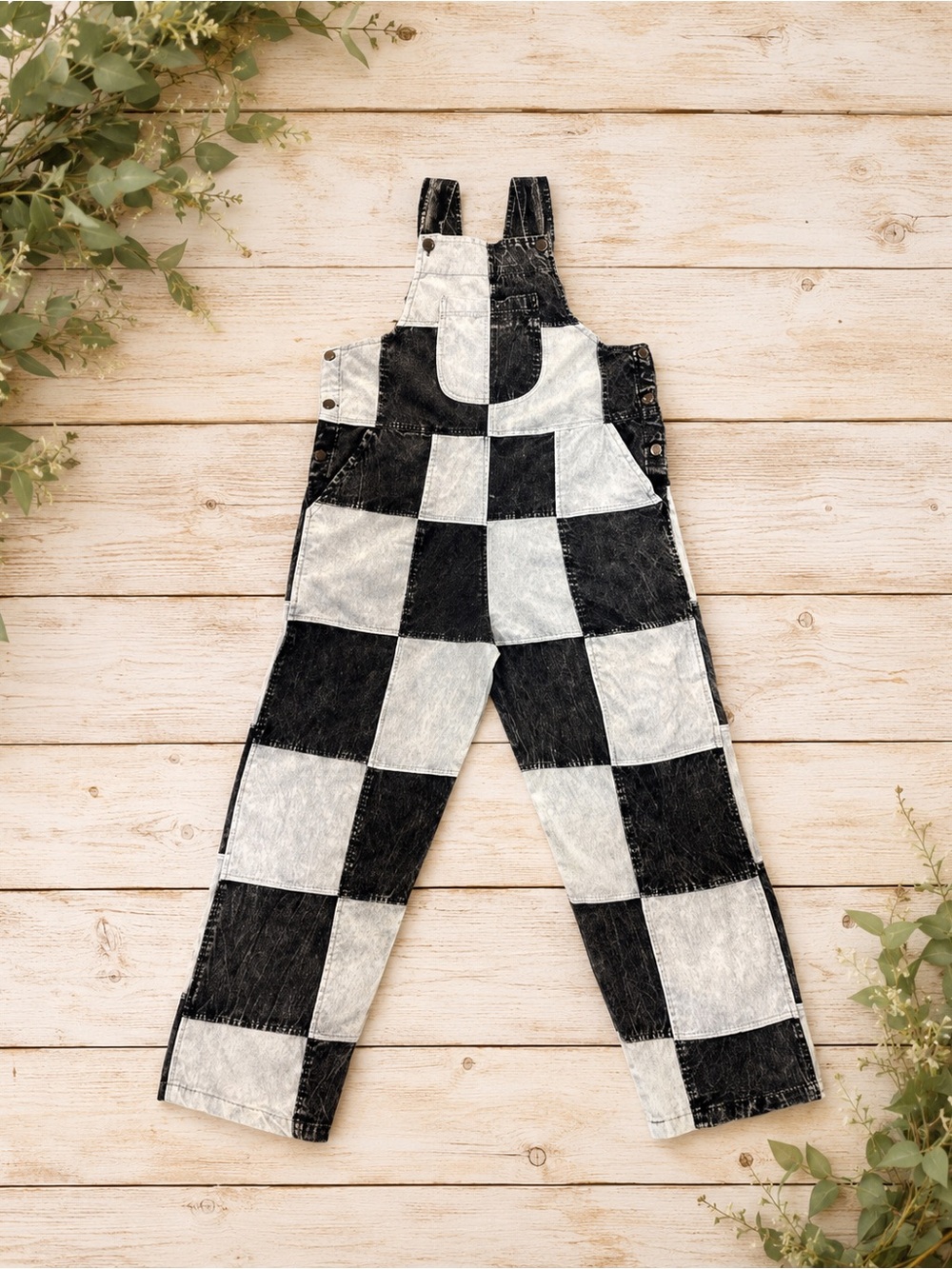 Rising International Checkerboard Patch Denim Overalls - Black & White